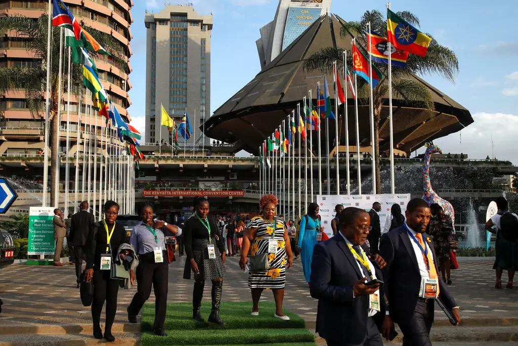 Delegates to the African Climate Summit outside the Kenyatta International Convention Center in Nairobi.Credit: Monicah Mwangi/Reuters
